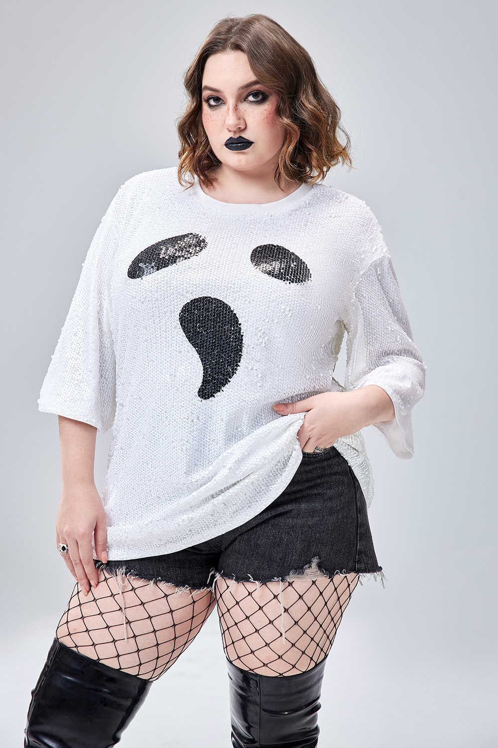 Xpluswear Design Plus Size Casual Halloween Costume White Ghosts Round-Neck Short Sleeve Pattern Sequin T-Shirt [Pre-Order]