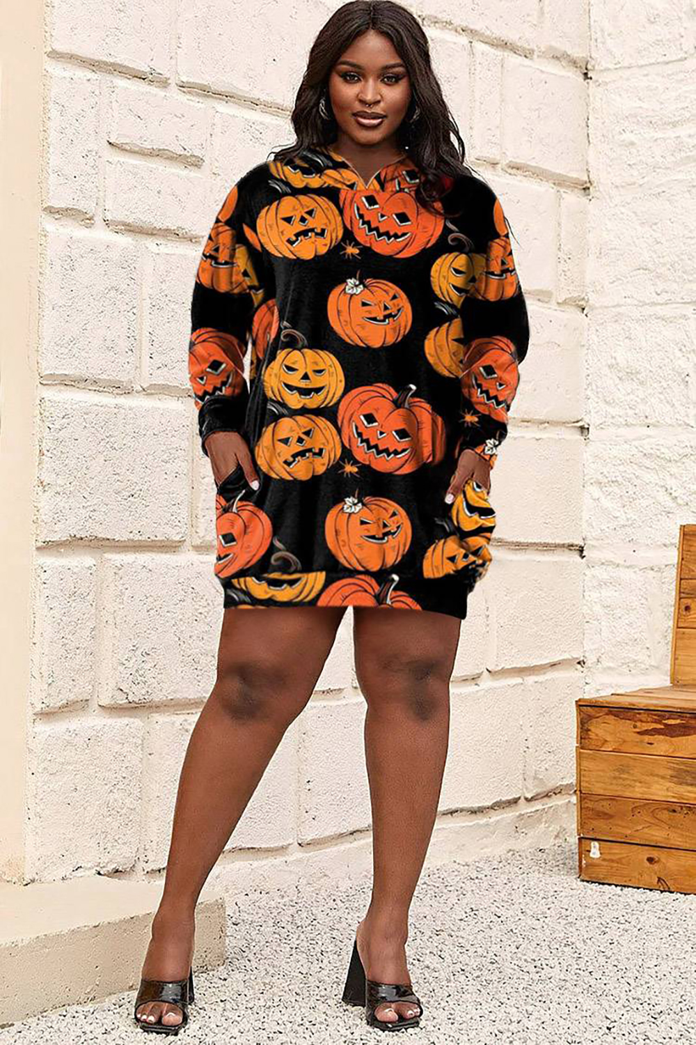 Xpluswear Design Plus Size Halloween Costume Orange Pumpkin Print Hooded Sweatshirt Mini Dress With Pocket