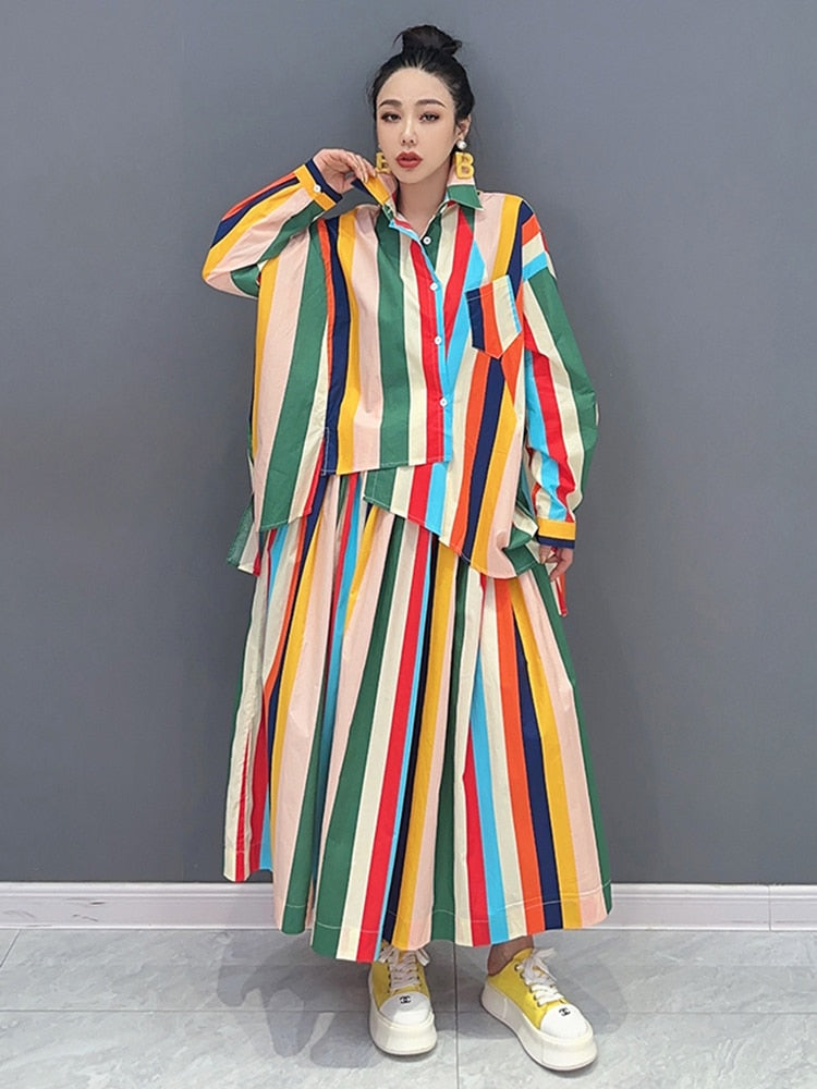 Chic Multi-Color Striped Irregular Oversized 2-Piece Top & Skirt Set