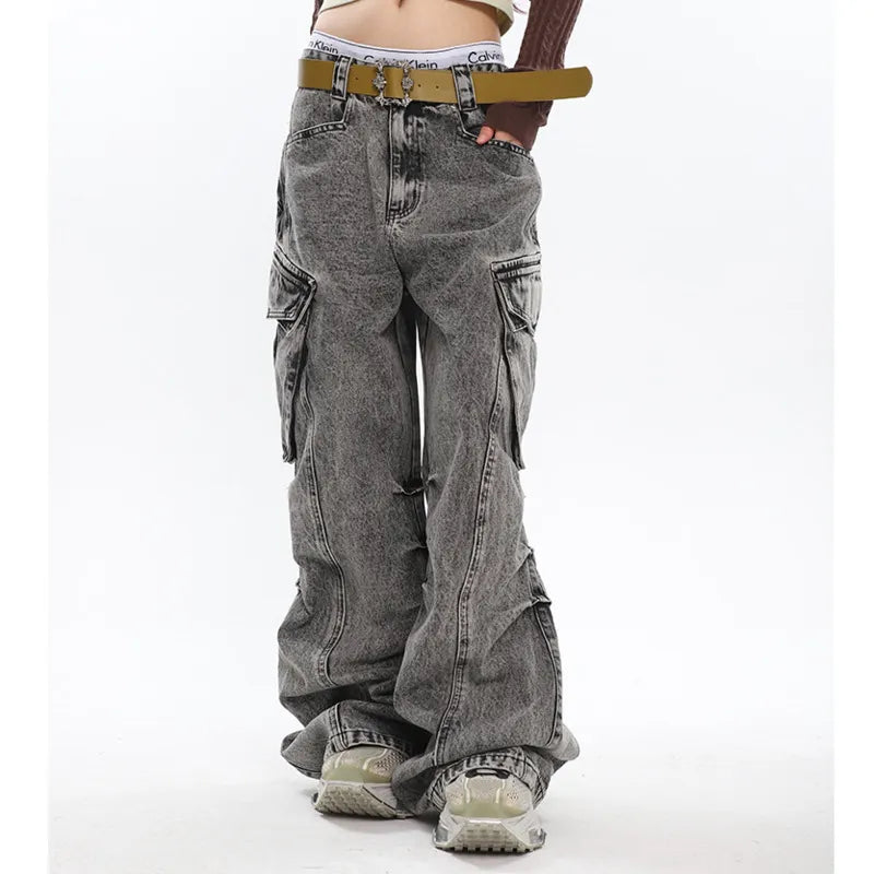 Retro Chic Old Washed Wide-Leg Cargo Pants