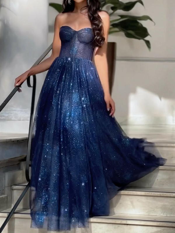 Backless Shiny Bandeau Off-The-Shoulder Maxi Dresses