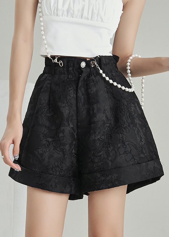 Plus Size Vintage Black Zip Up Jacquard Cotton shorts
