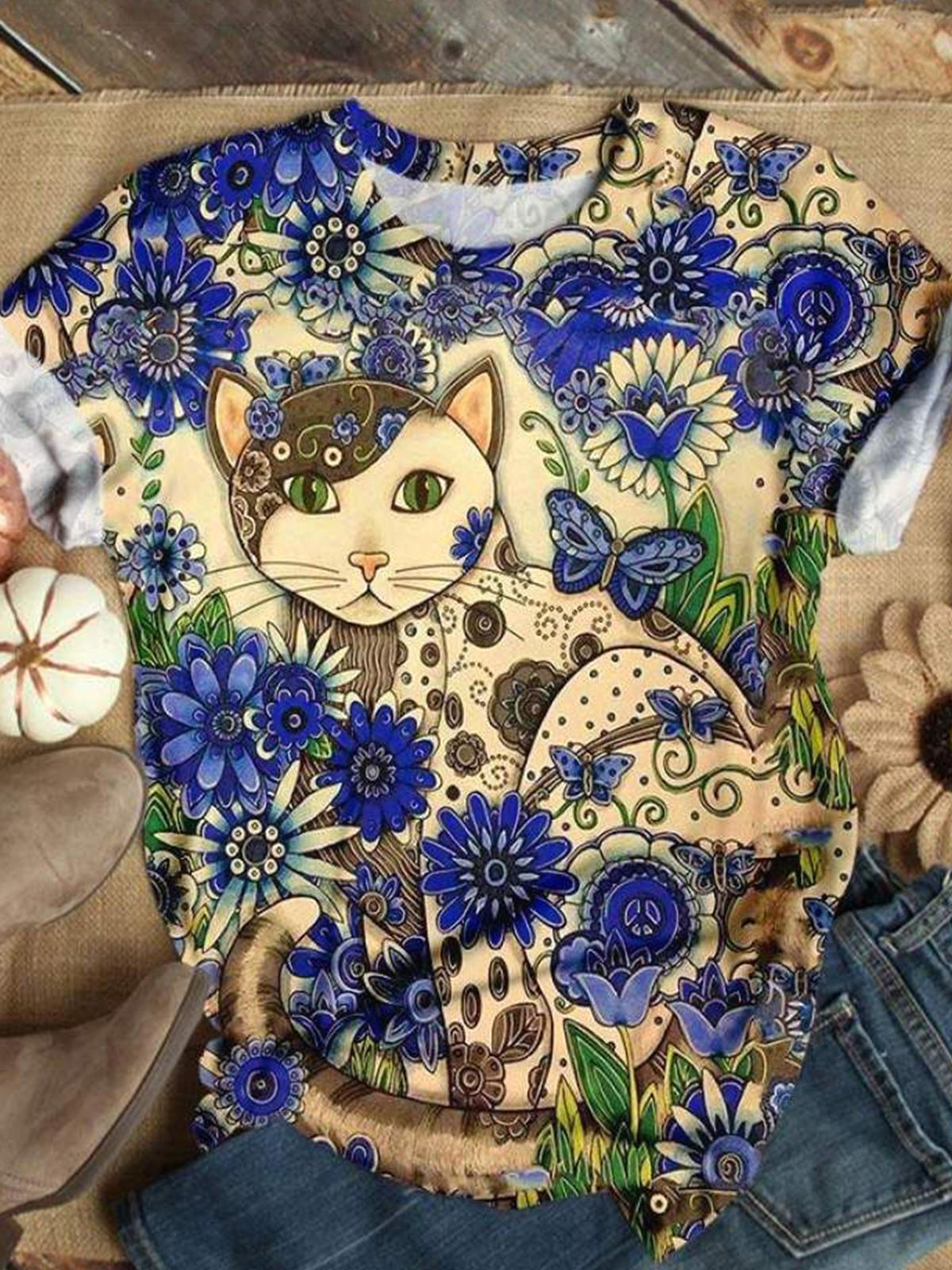 Cat Butterfly Flower Crew Neck T-shirt