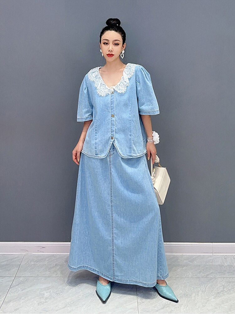 Handmade Everyday Casual Denim Top & Skirt 2-Piece Set