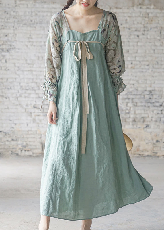 Vintage Light Blue Lace up print Patchwork Linen Long Dresses Long Sleeve