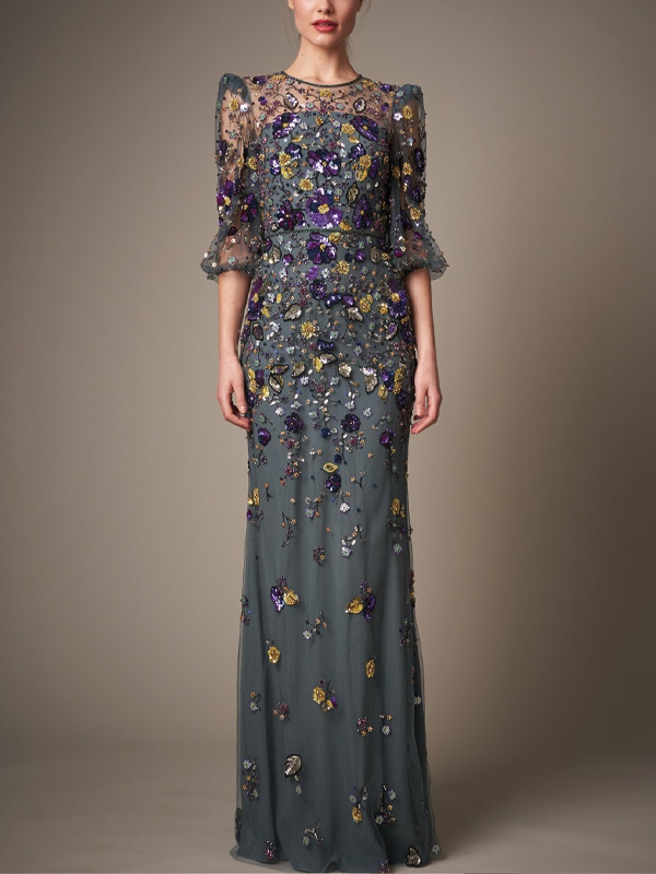 Round neck sequined mesh maxi dress