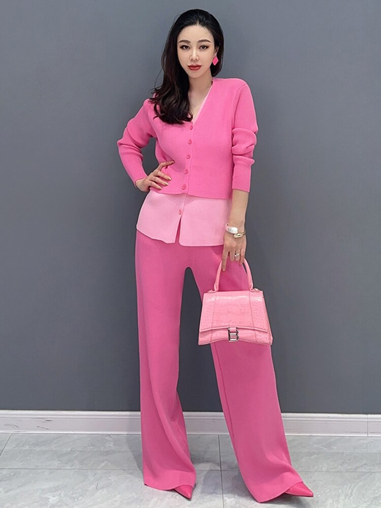 Elegant Pink Fitted Top and Loose-Leg Pants 2-Piece Set